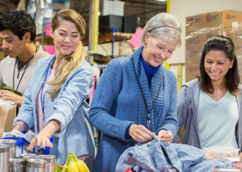 Group of volunteers organizing donations